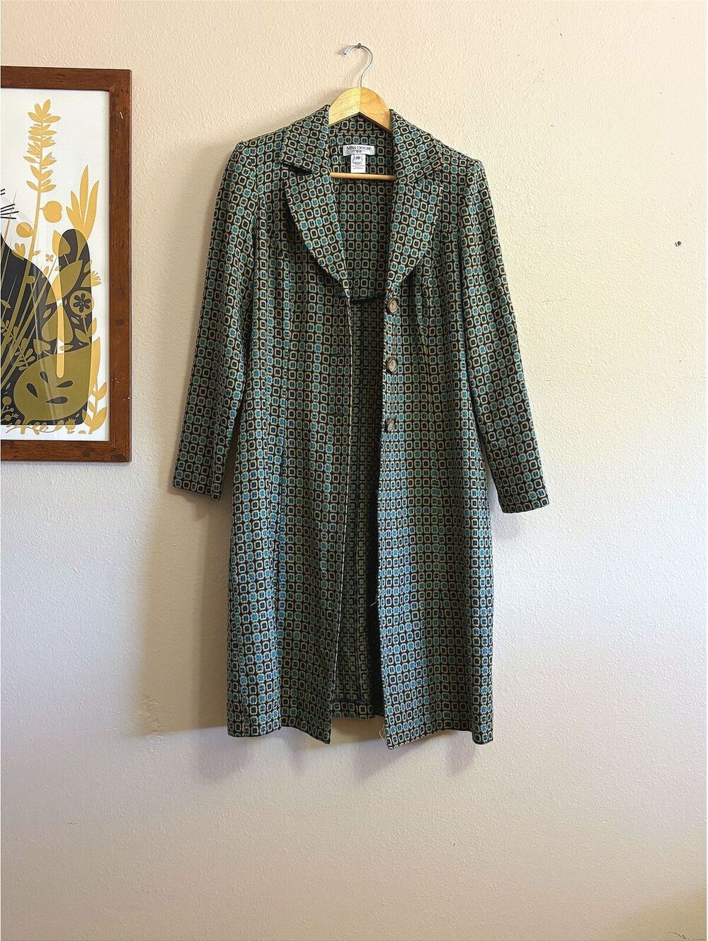 Geometric Trench Coat Mod Duster Jacket Medium Vintage 90s Miss Dorby